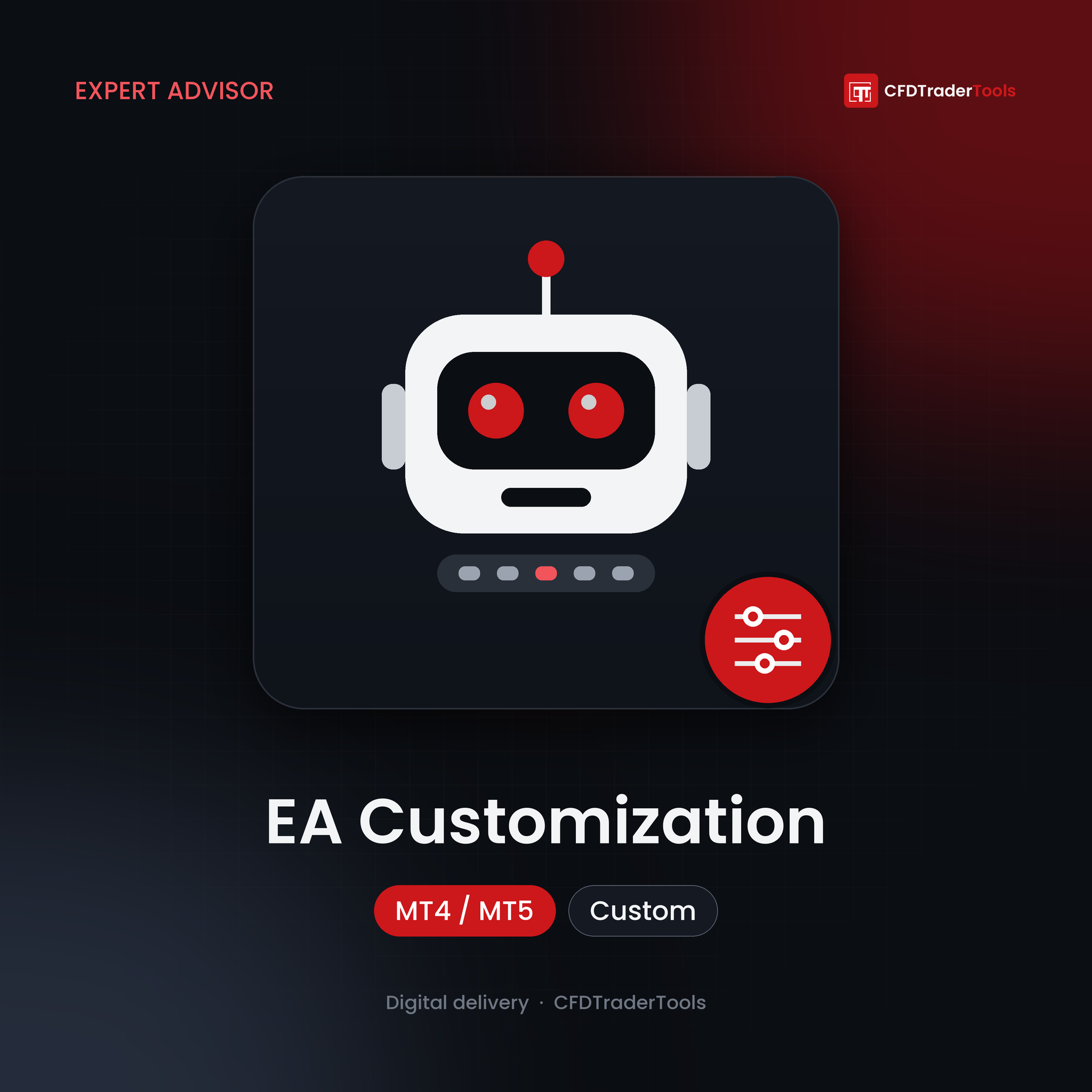 MT4/MT5 Expert Advisor customization service — CFDTraderTools product image with robot and settings icon
